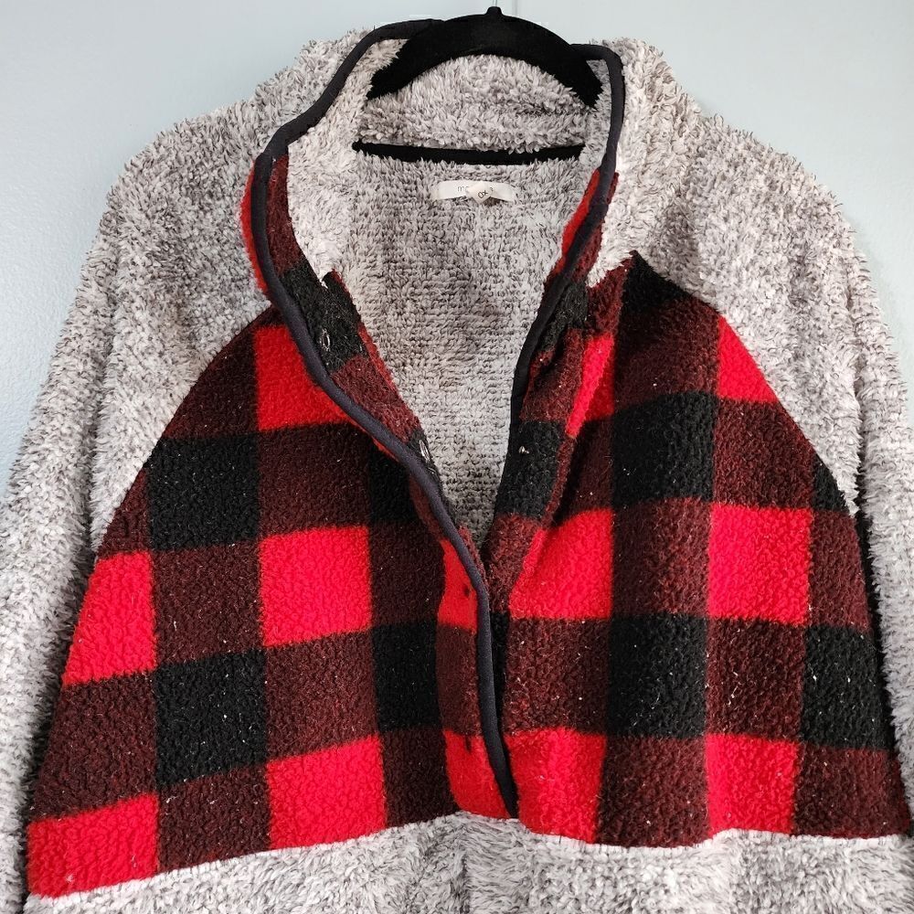 Maurices Plus Size Gray Buffalo Plaid Yoke Snap Front Sherpa Pullover Sweatshirt - Picture 11 of 12